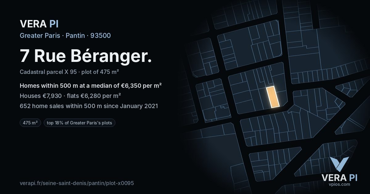 7 Rue Béranger, Pantin at night – the plot lit, the parcels around coloured by the prices near them