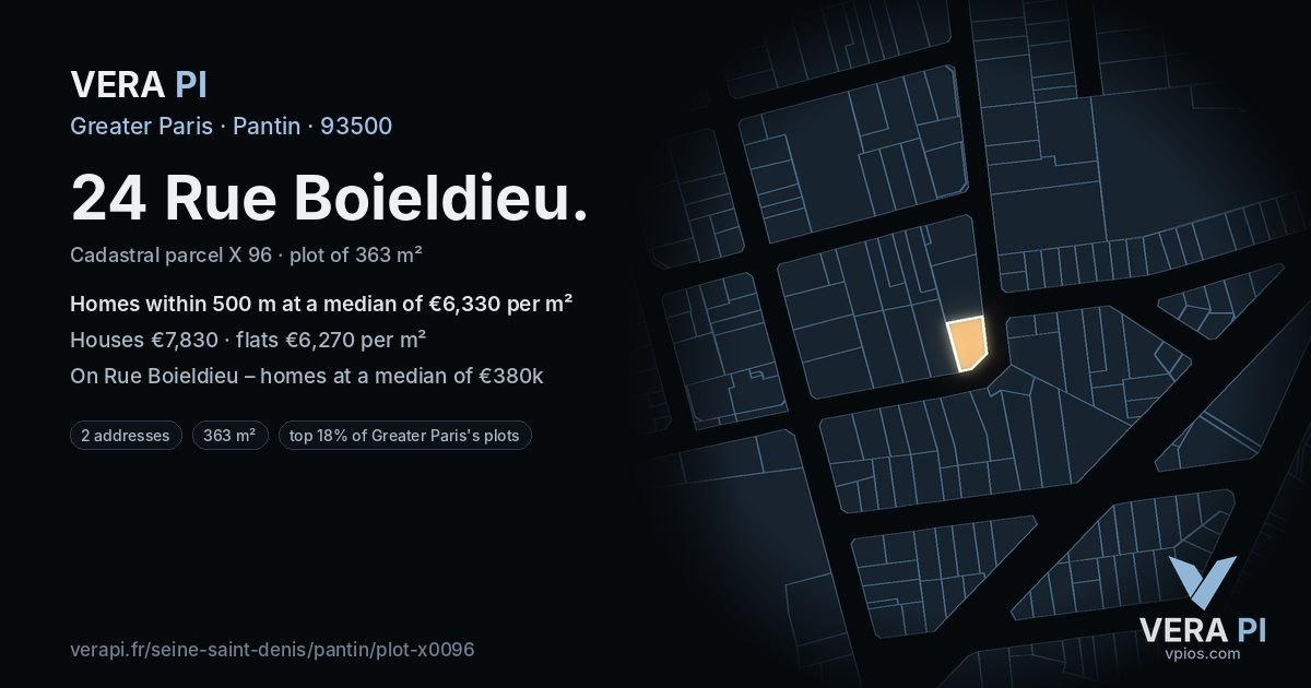 24 Rue Boieldieu, Pantin at night – the plot lit, the parcels around coloured by the prices near them