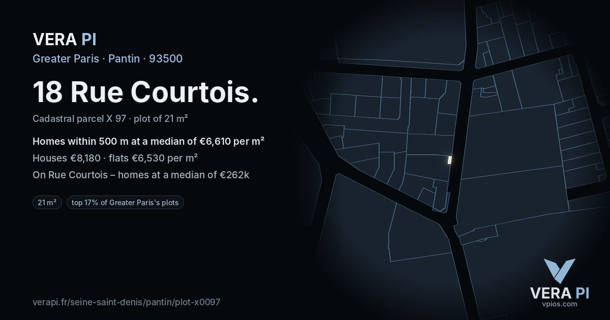 18 Rue Courtois, Pantin at night – the plot lit, the parcels around coloured by the prices near them
