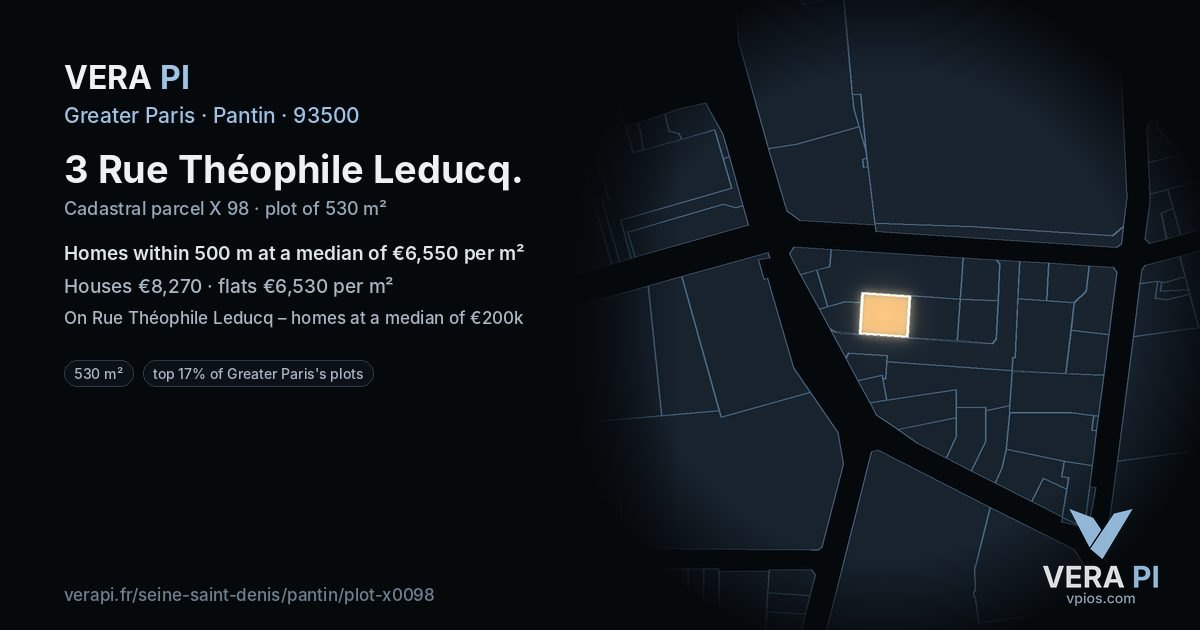 3 Rue Théophile Leducq, Pantin at night – the plot lit, the parcels around coloured by the prices near them