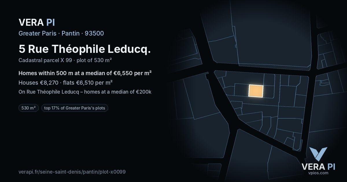 5 Rue Théophile Leducq, Pantin at night – the plot lit, the parcels around coloured by the prices near them