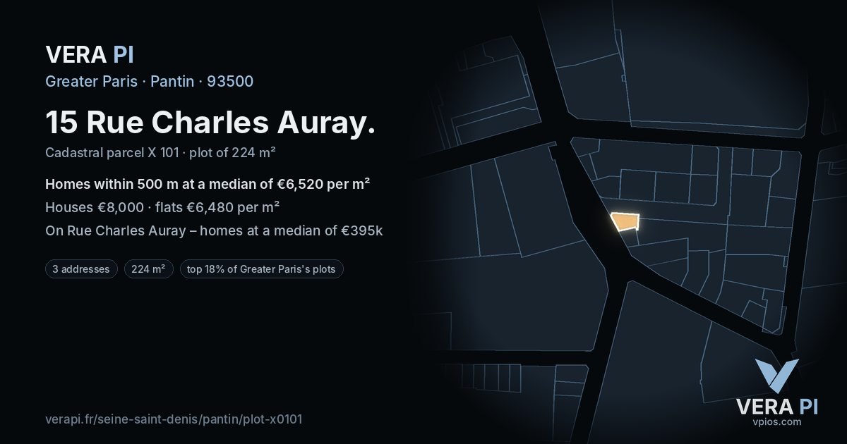 15 Rue Charles Auray, Pantin at night – the plot lit, the parcels around coloured by the prices near them