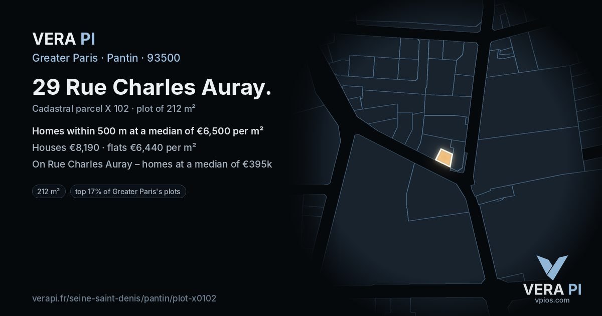 29 Rue Charles Auray, Pantin at night – the plot lit, the parcels around coloured by the prices near them