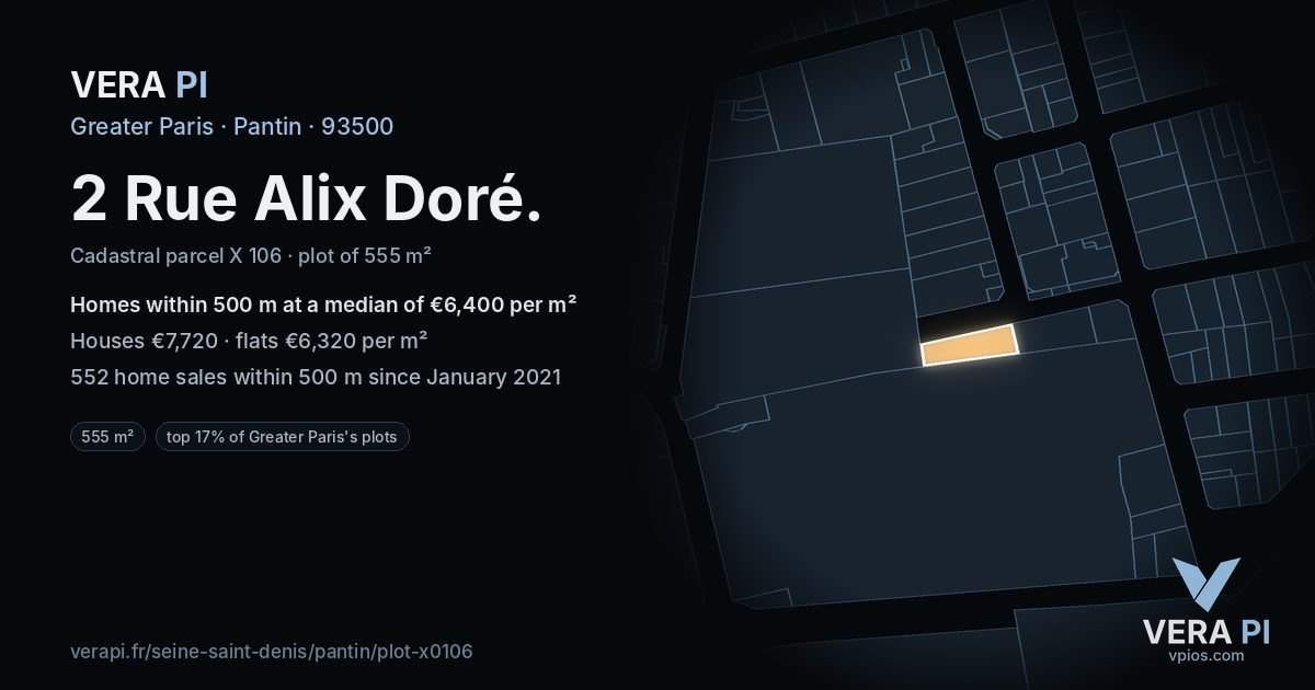 2 Rue Alix Doré, Pantin at night – the plot lit, the parcels around coloured by the prices near them