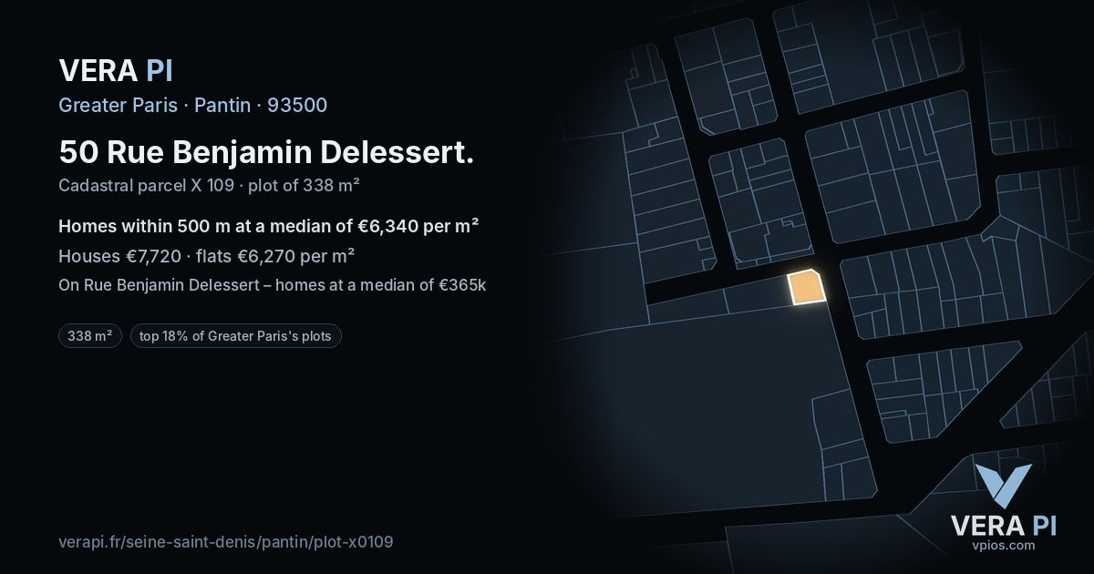 50 Rue Benjamin Delessert, Pantin at night – the plot lit, the parcels around coloured by the prices near them