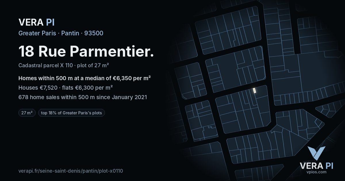 18 Rue Parmentier, Pantin at night – the plot lit, the parcels around coloured by the prices near them