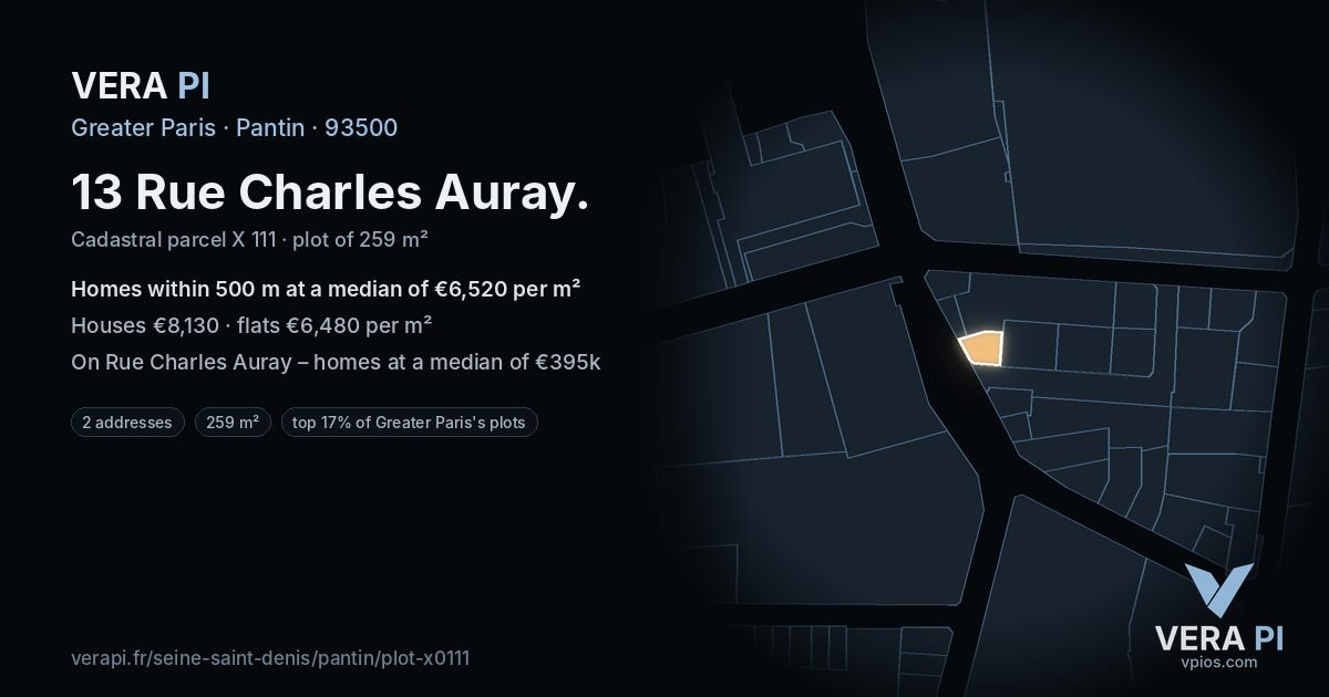 13 Rue Charles Auray, Pantin at night – the plot lit, the parcels around coloured by the prices near them