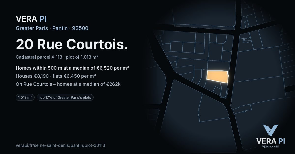 20 Rue Courtois, Pantin at night – the plot lit, the parcels around coloured by the prices near them