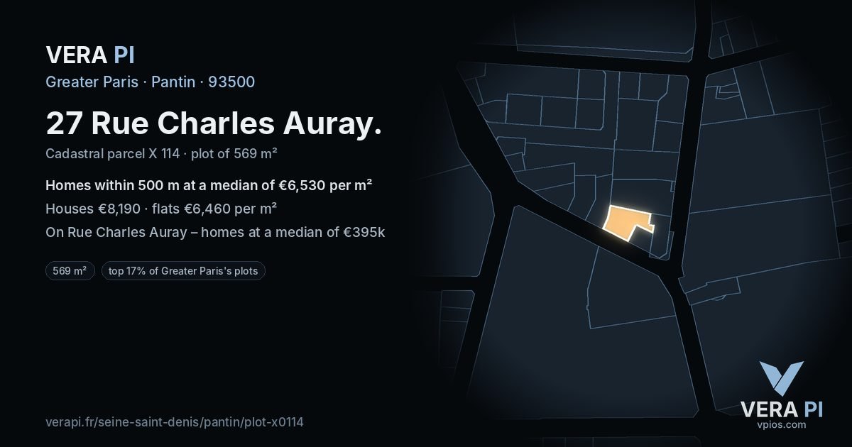 27 Rue Charles Auray, Pantin at night – the plot lit, the parcels around coloured by the prices near them