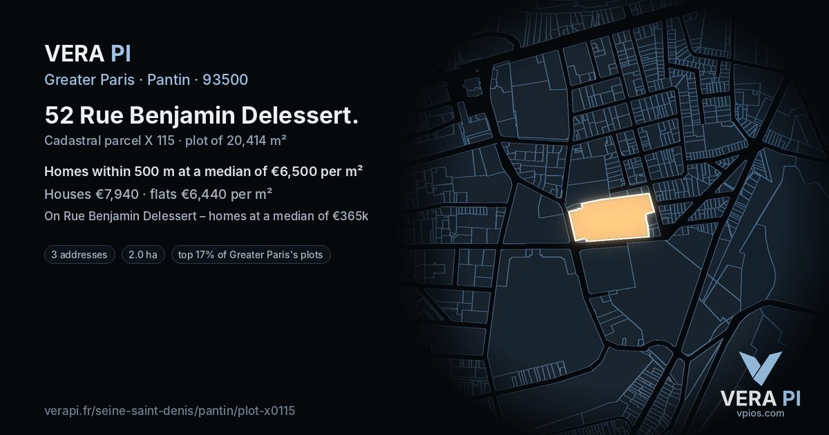 52 Rue Benjamin Delessert, Pantin at night – the plot lit, the parcels around coloured by the prices near them