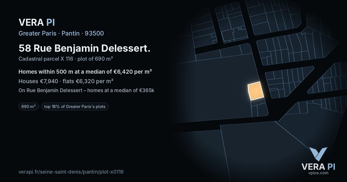 58 Rue Benjamin Delessert, Pantin at night – the plot lit, the parcels around coloured by the prices near them