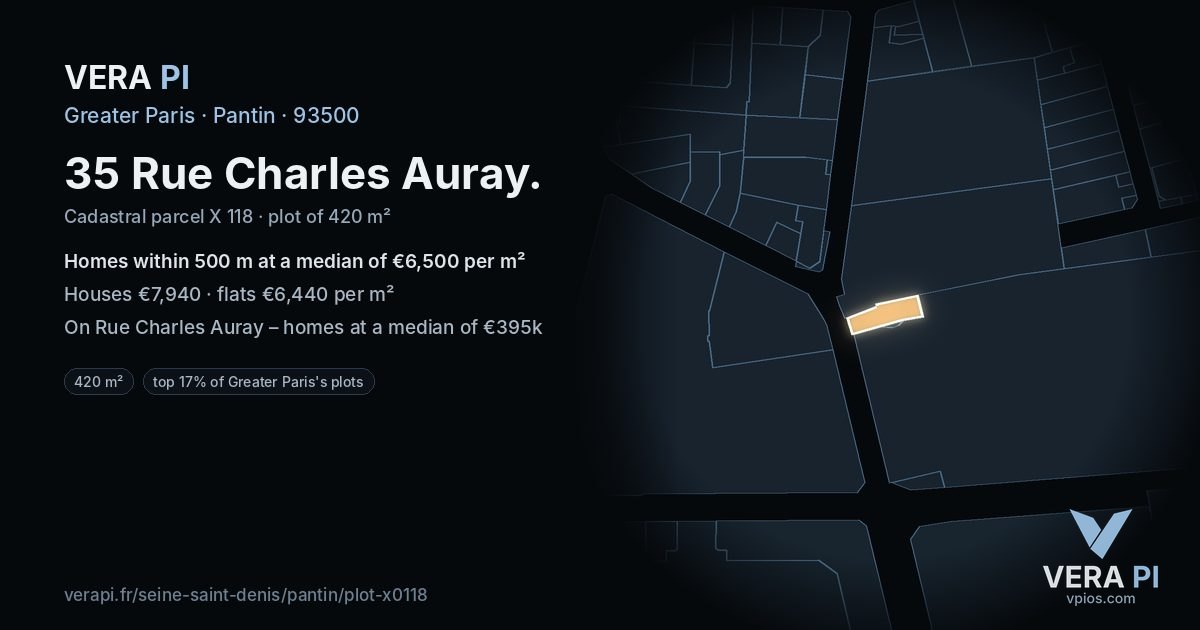 35 Rue Charles Auray, Pantin at night – the plot lit, the parcels around coloured by the prices near them
