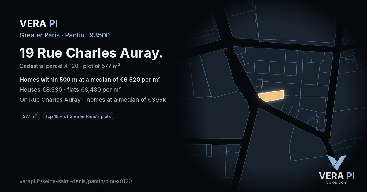 19 Rue Charles Auray, Pantin at night – the plot lit, the parcels around coloured by the prices near them