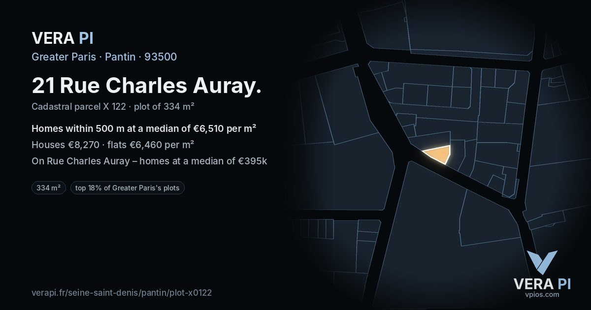 21 Rue Charles Auray, Pantin at night – the plot lit, the parcels around coloured by the prices near them