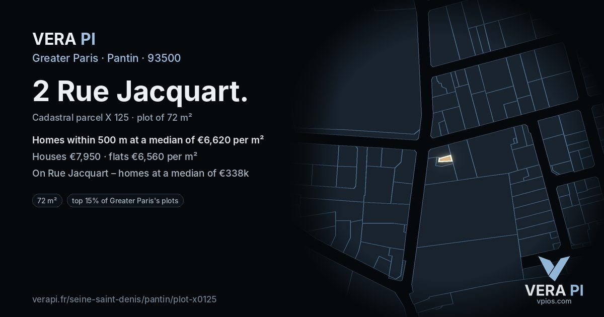 2 Rue Jacquart, Pantin at night – the plot lit, the parcels around coloured by the prices near them