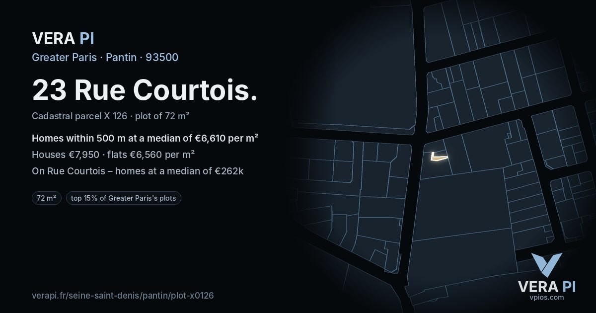 23 Rue Courtois, Pantin at night – the plot lit, the parcels around coloured by the prices near them