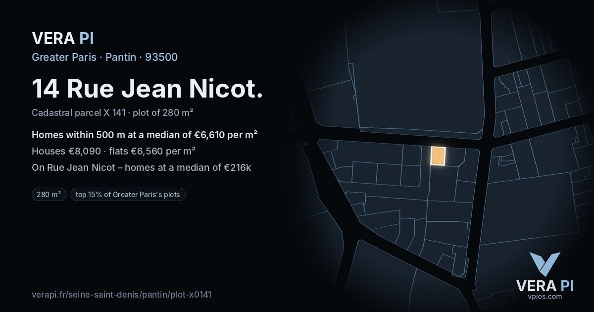 14 Rue Jean Nicot, Pantin at night – the plot lit, the parcels around coloured by the prices near them