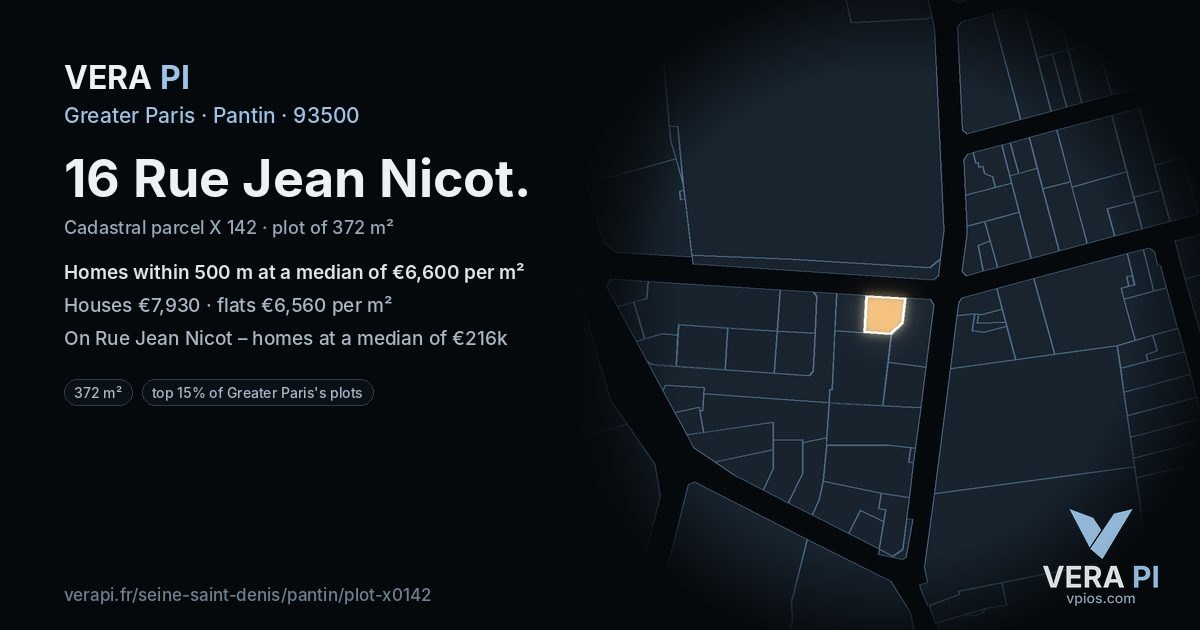 16 Rue Jean Nicot, Pantin at night – the plot lit, the parcels around coloured by the prices near them