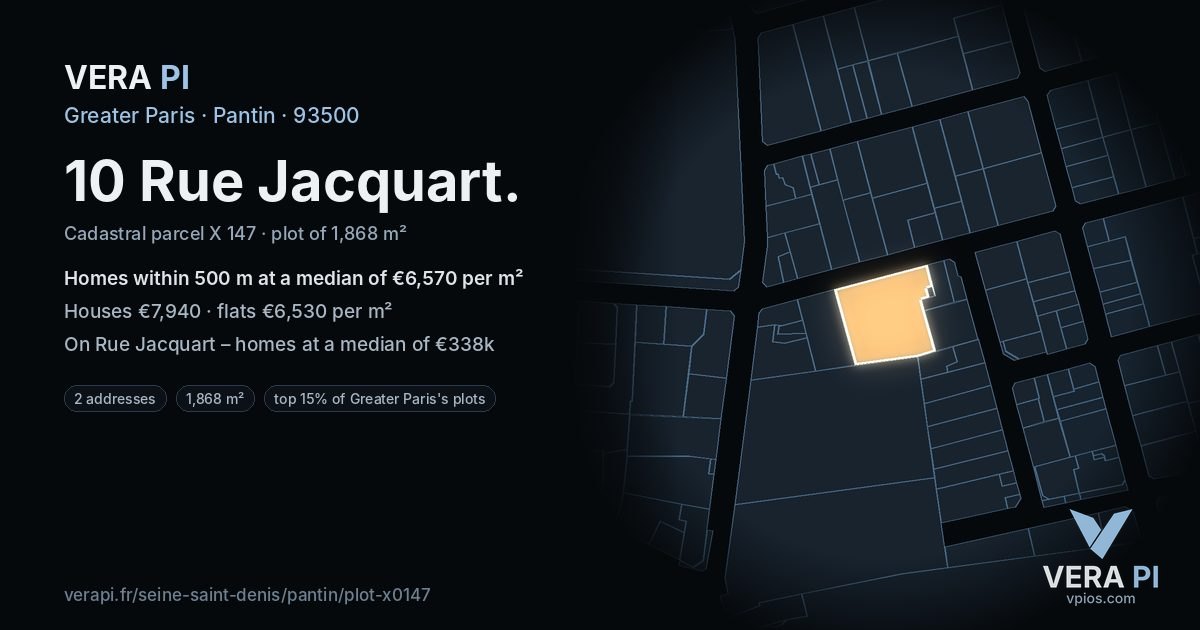 10 Rue Jacquart, Pantin at night – the plot lit, the parcels around coloured by the prices near them