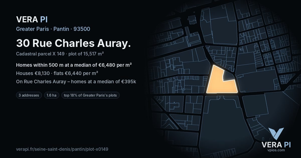 30 Rue Charles Auray, Pantin at night – the plot lit, the parcels around coloured by the prices near them
