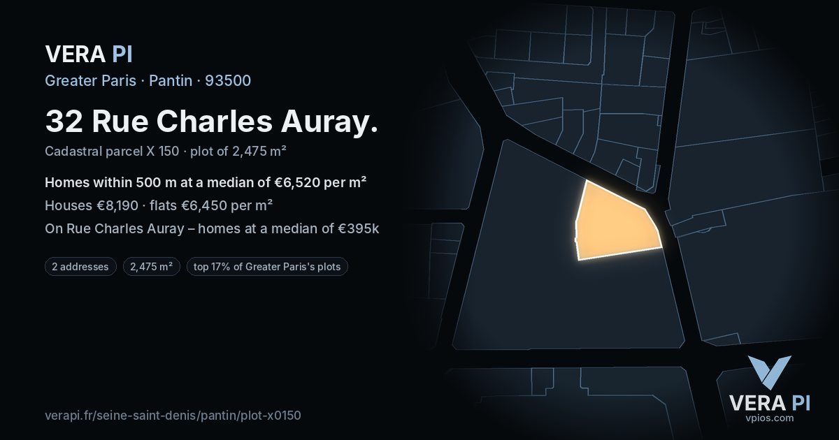 32 Rue Charles Auray, Pantin at night – the plot lit, the parcels around coloured by the prices near them