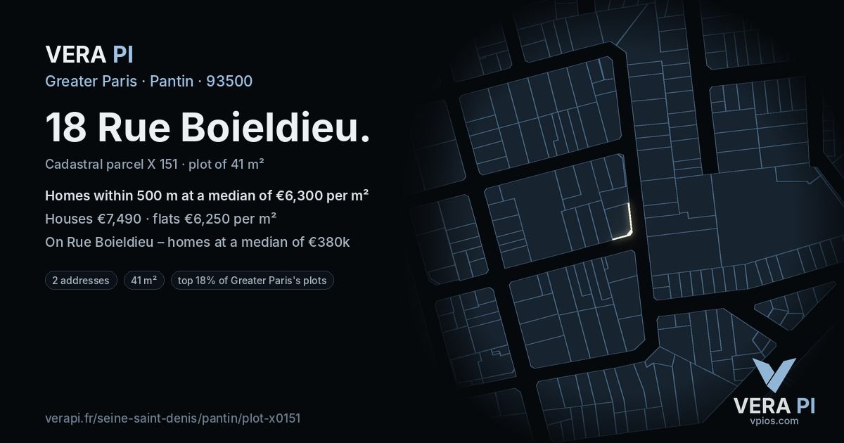 18 Rue Boieldieu, Pantin at night – the plot lit, the parcels around coloured by the prices near them