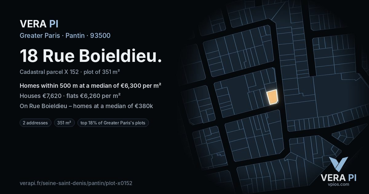 18 Rue Boieldieu, Pantin at night – the plot lit, the parcels around coloured by the prices near them