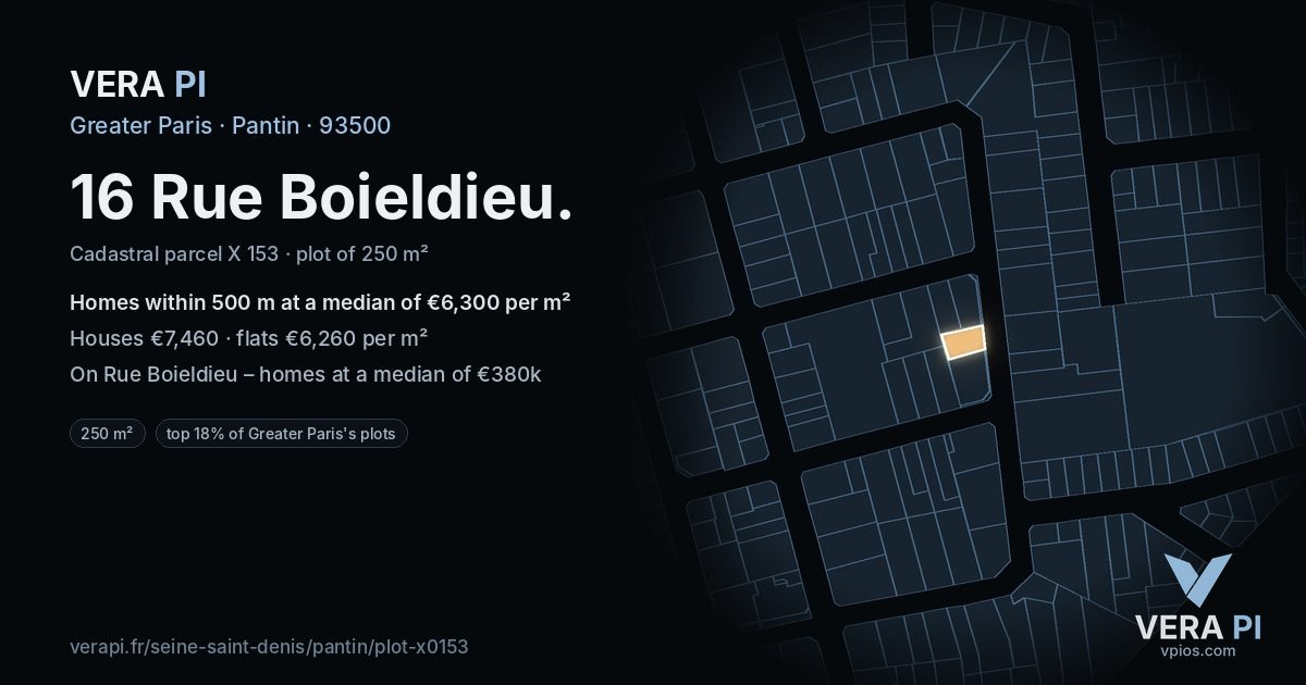 16 Rue Boieldieu, Pantin at night – the plot lit, the parcels around coloured by the prices near them
