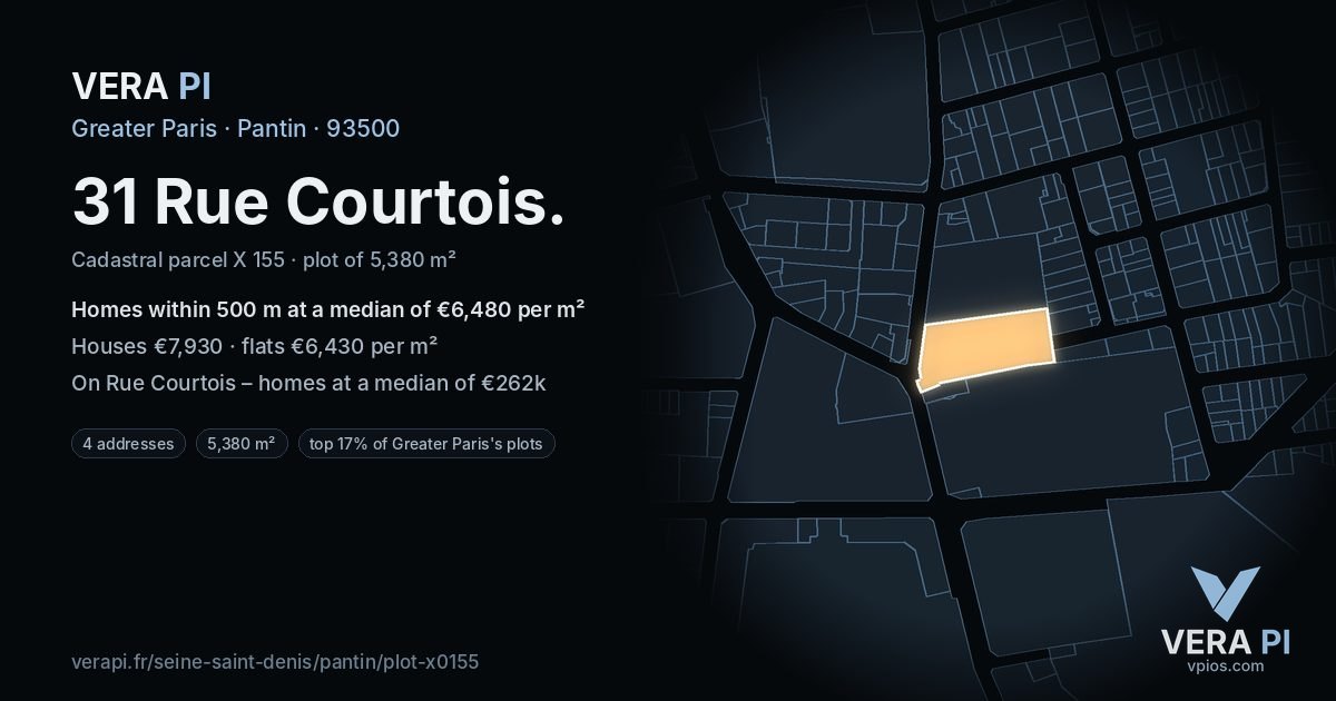 31 Rue Courtois, Pantin at night – the plot lit, the parcels around coloured by the prices near them