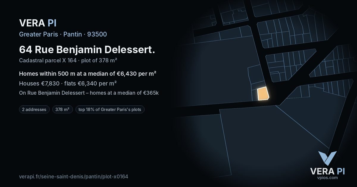 64 Rue Benjamin Delessert, Pantin at night – the plot lit, the parcels around coloured by the prices near them