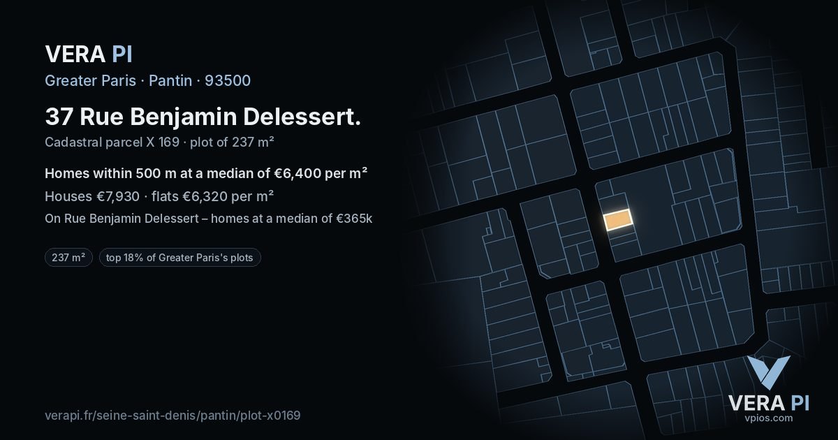 37 Rue Benjamin Delessert, Pantin at night – the plot lit, the parcels around coloured by the prices near them