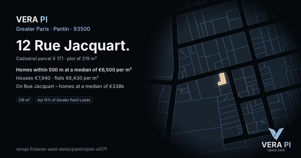 12 Rue Jacquart, Pantin at night – the plot lit, the parcels around coloured by the prices near them