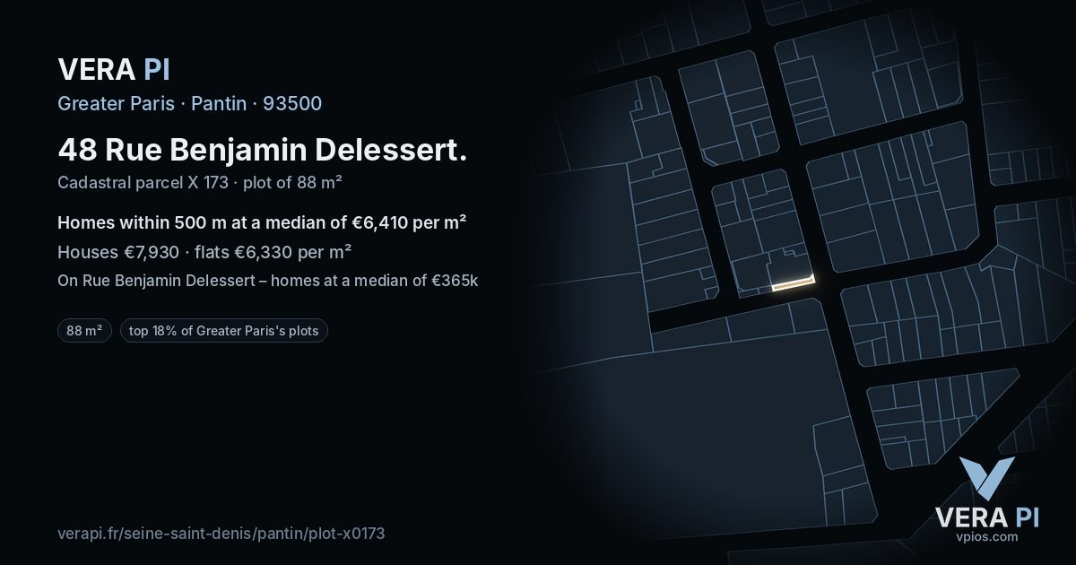 48 Rue Benjamin Delessert, Pantin at night – the plot lit, the parcels around coloured by the prices near them