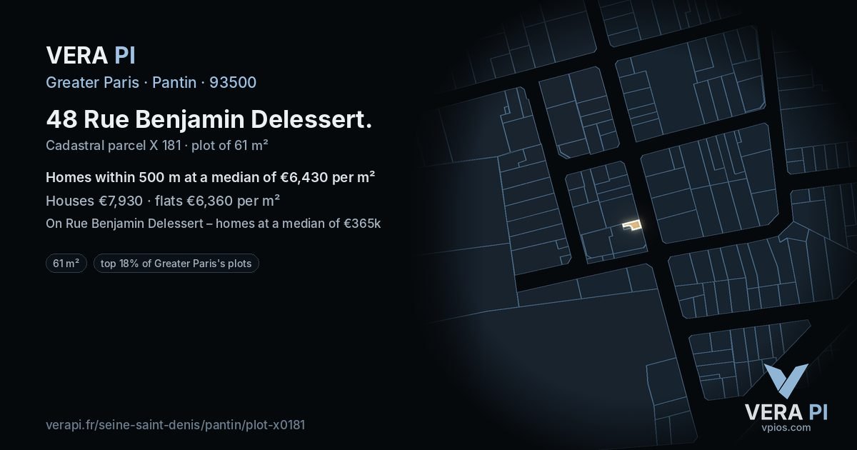 48 Rue Benjamin Delessert, Pantin at night – the plot lit, the parcels around coloured by the prices near them