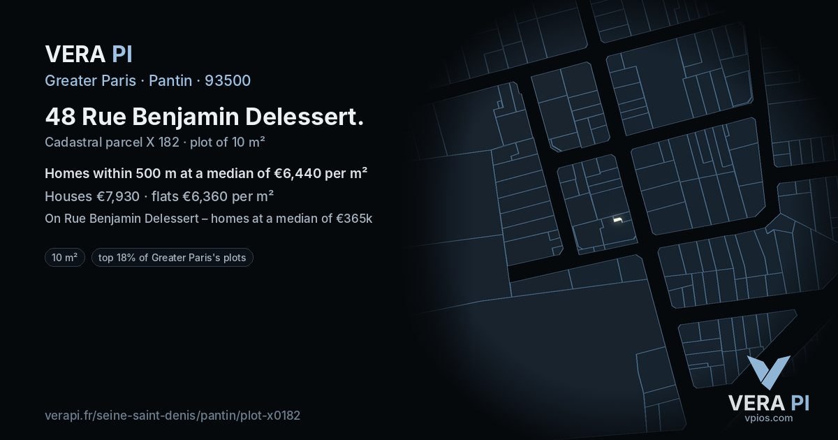 48 Rue Benjamin Delessert, Pantin at night – the plot lit, the parcels around coloured by the prices near them