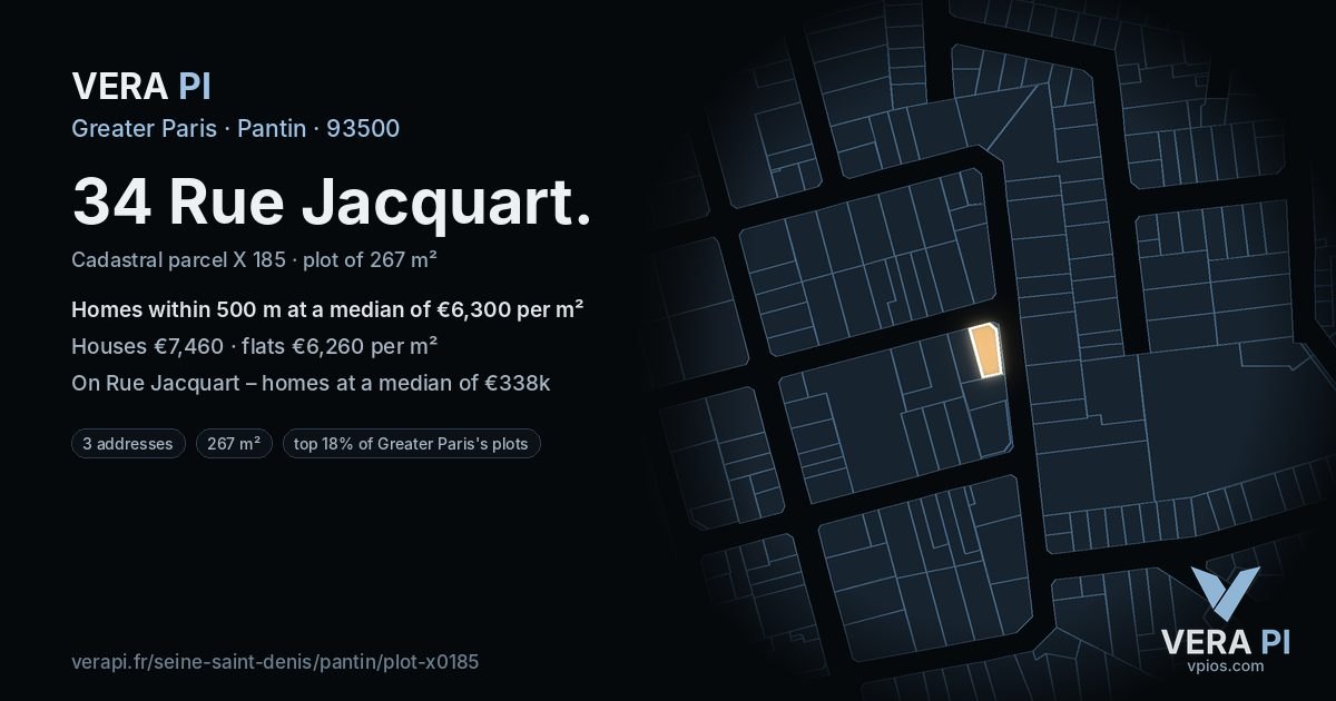 34 Rue Jacquart, Pantin at night – the plot lit, the parcels around coloured by the prices near them