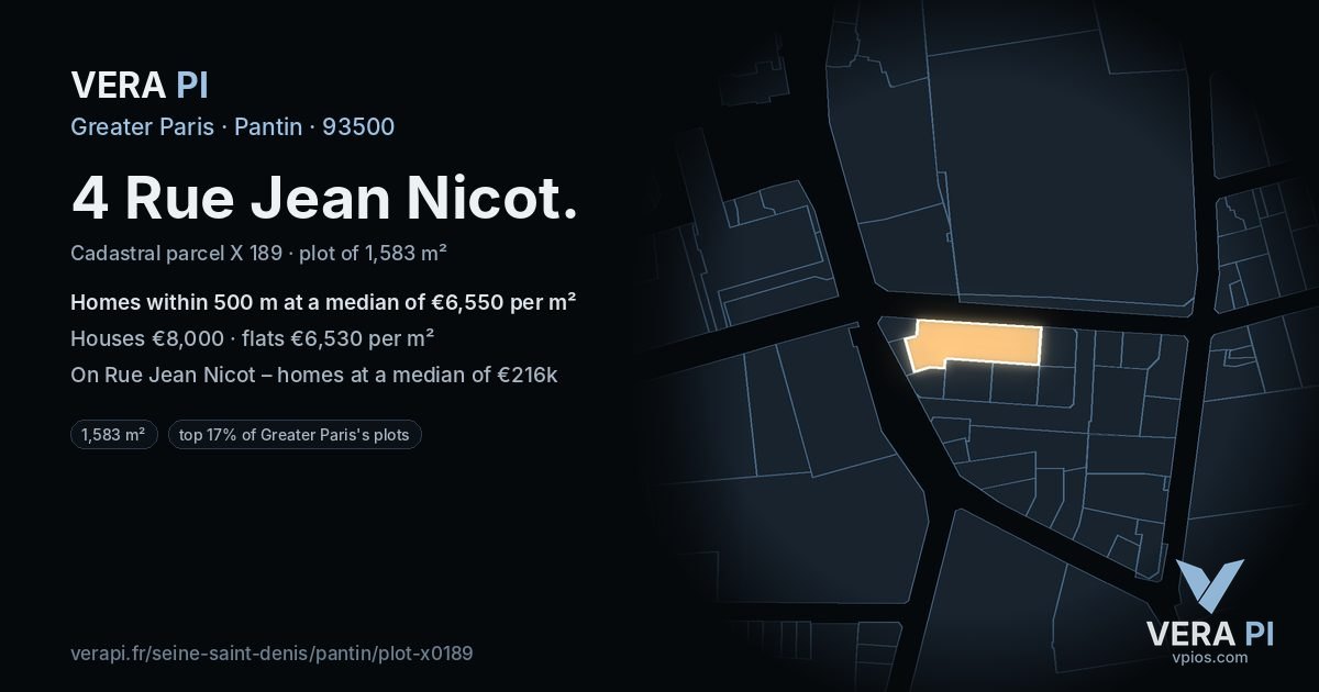 4 Rue Jean Nicot, Pantin at night – the plot lit, the parcels around coloured by the prices near them