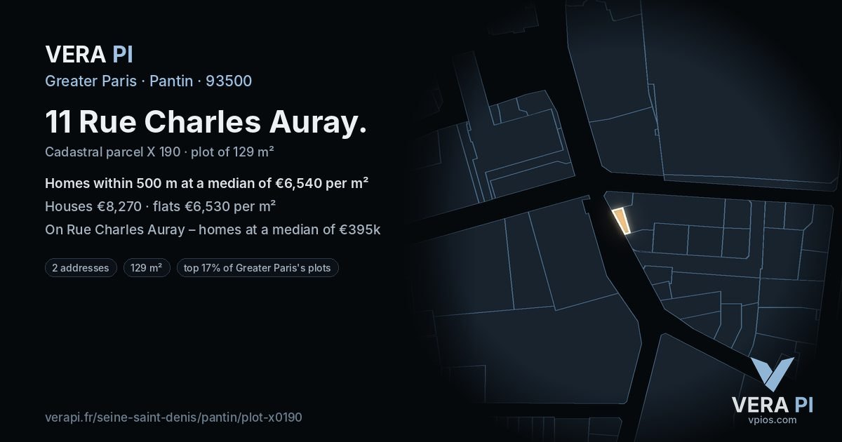 11 Rue Charles Auray, Pantin at night – the plot lit, the parcels around coloured by the prices near them