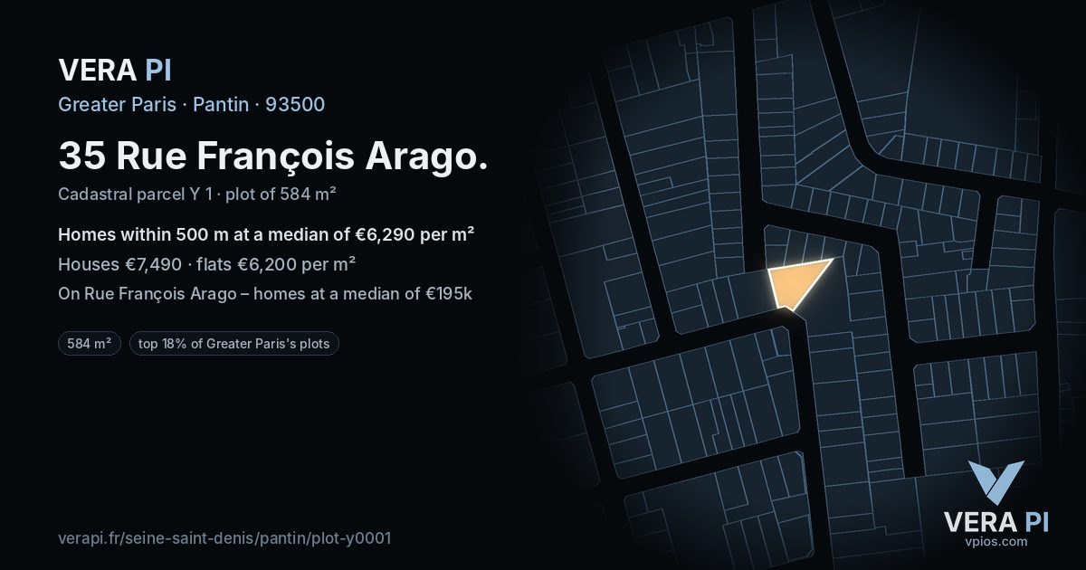 35 Rue François Arago, Pantin at night – the plot lit, the parcels around coloured by the prices near them