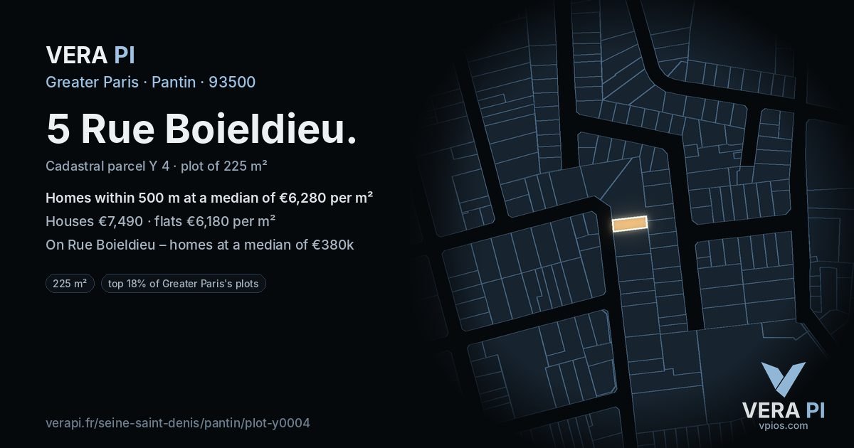 5 Rue Boieldieu, Pantin at night – the plot lit, the parcels around coloured by the prices near them