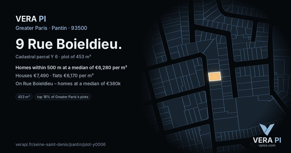 9 Rue Boieldieu, Pantin at night – the plot lit, the parcels around coloured by the prices near them