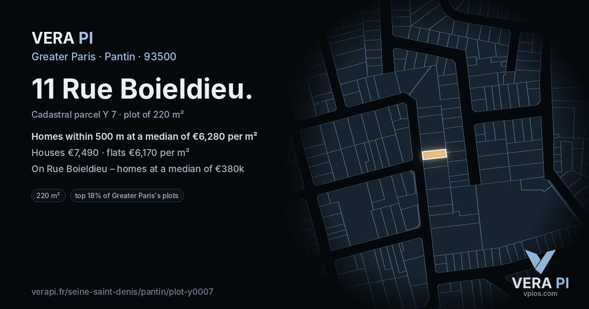 11 Rue Boieldieu, Pantin at night – the plot lit, the parcels around coloured by the prices near them