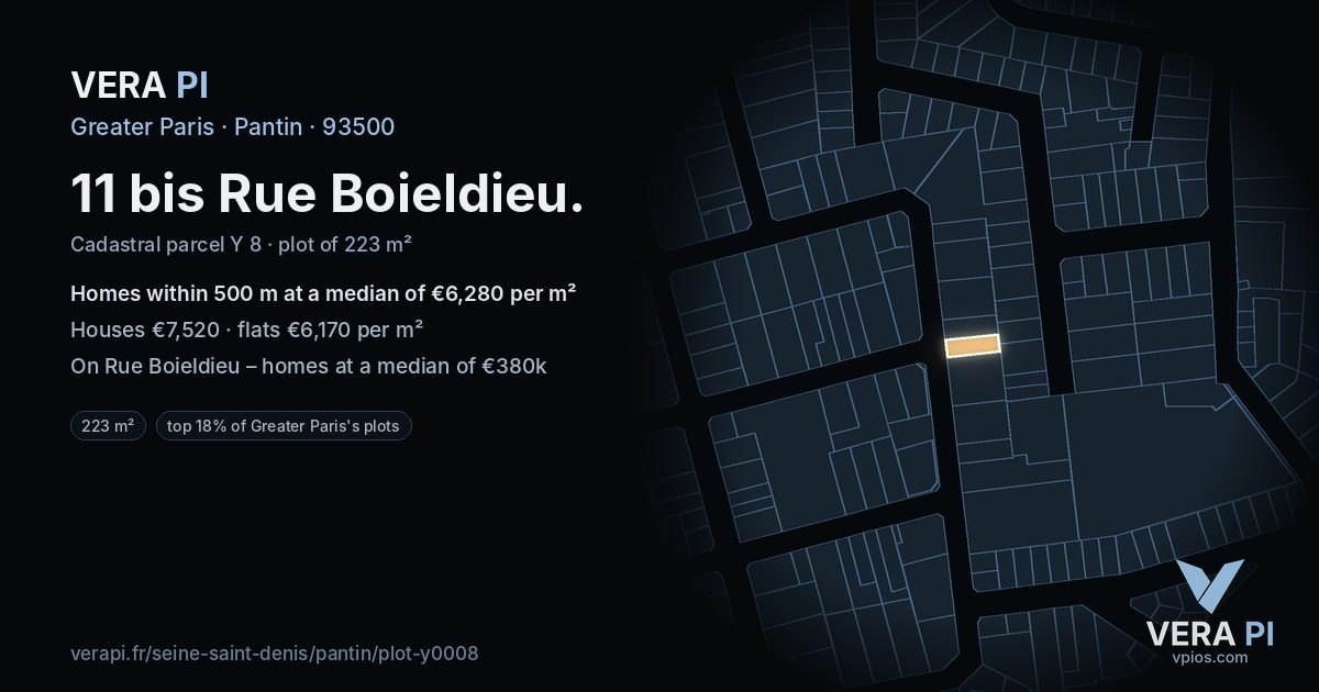 11 bis Rue Boieldieu, Pantin at night – the plot lit, the parcels around coloured by the prices near them