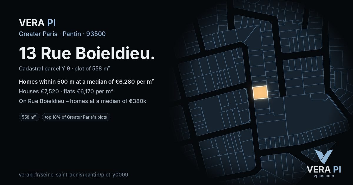 13 Rue Boieldieu, Pantin at night – the plot lit, the parcels around coloured by the prices near them