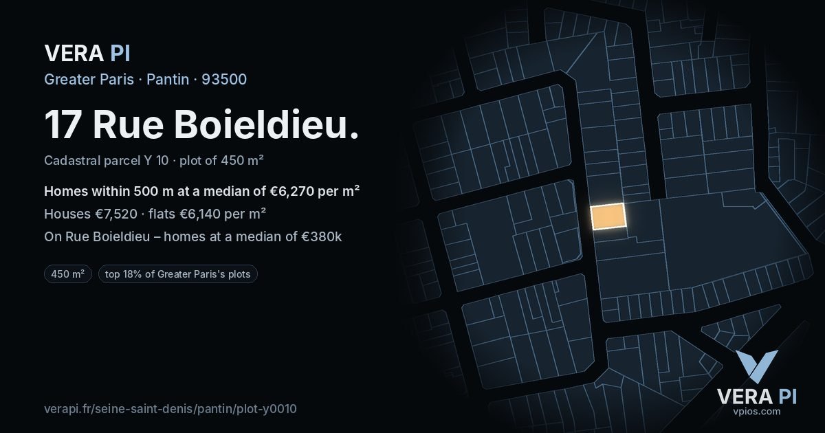 17 Rue Boieldieu, Pantin at night – the plot lit, the parcels around coloured by the prices near them