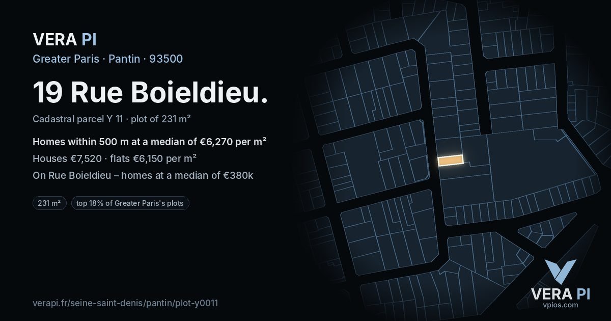 19 Rue Boieldieu, Pantin at night – the plot lit, the parcels around coloured by the prices near them