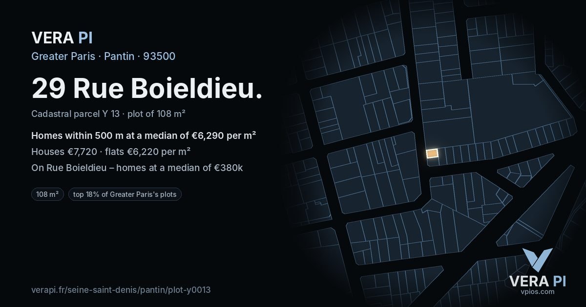 29 Rue Boieldieu, Pantin at night – the plot lit, the parcels around coloured by the prices near them