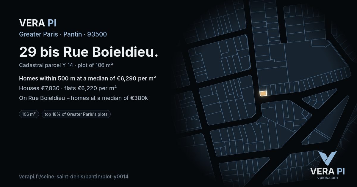 29 bis Rue Boieldieu, Pantin at night – the plot lit, the parcels around coloured by the prices near them