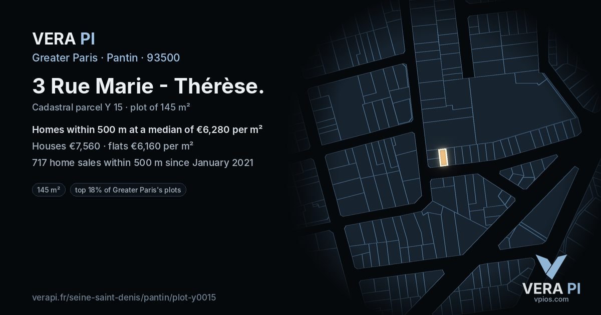 3 Rue Marie - Thérèse, Pantin at night – the plot lit, the parcels around coloured by the prices near them