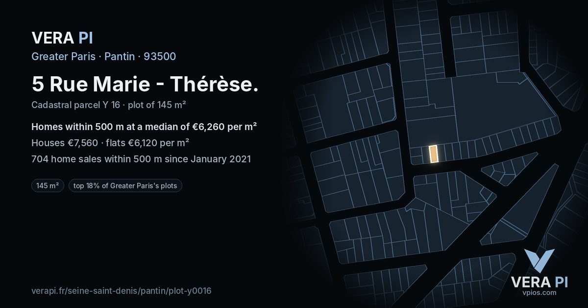 5 Rue Marie - Thérèse, Pantin at night – the plot lit, the parcels around coloured by the prices near them